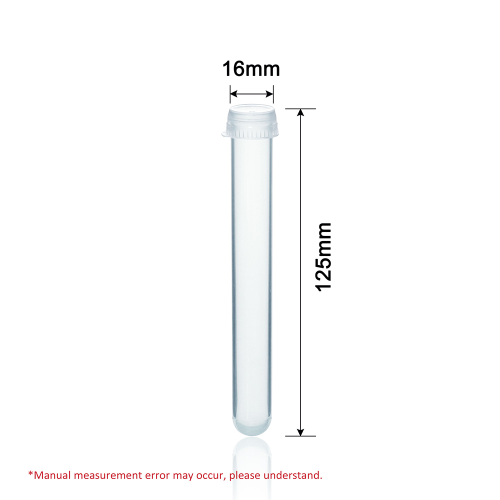Labvida 50 piezas de tubos de ensayo de plástico con tapas flexibles, diámetro 16x125 mm, material PP y color natural, tapa flexible diámetro 16 mm, material PE, LVI001